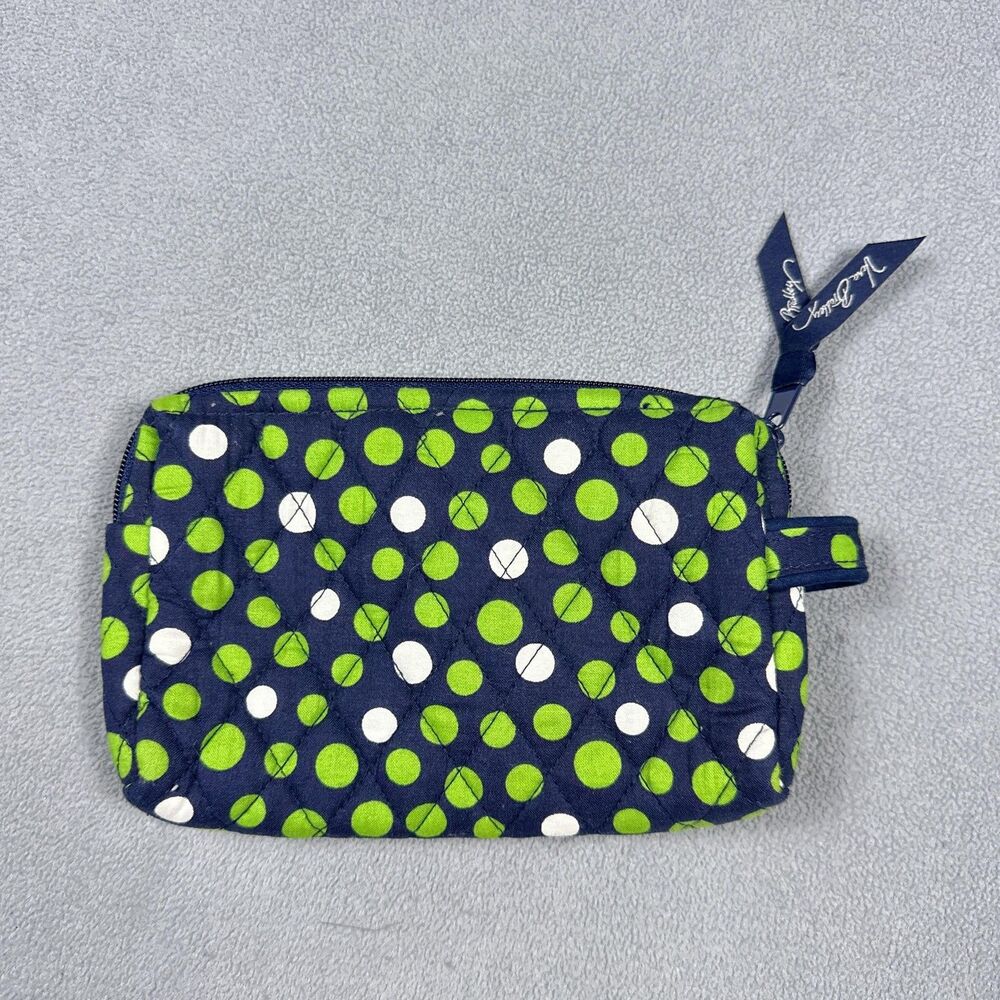 Vera Bradley Cosmetic Makeup Bag Pouch Quilted Go Wild Navy Green Polka Dot - Picture 2 of 9